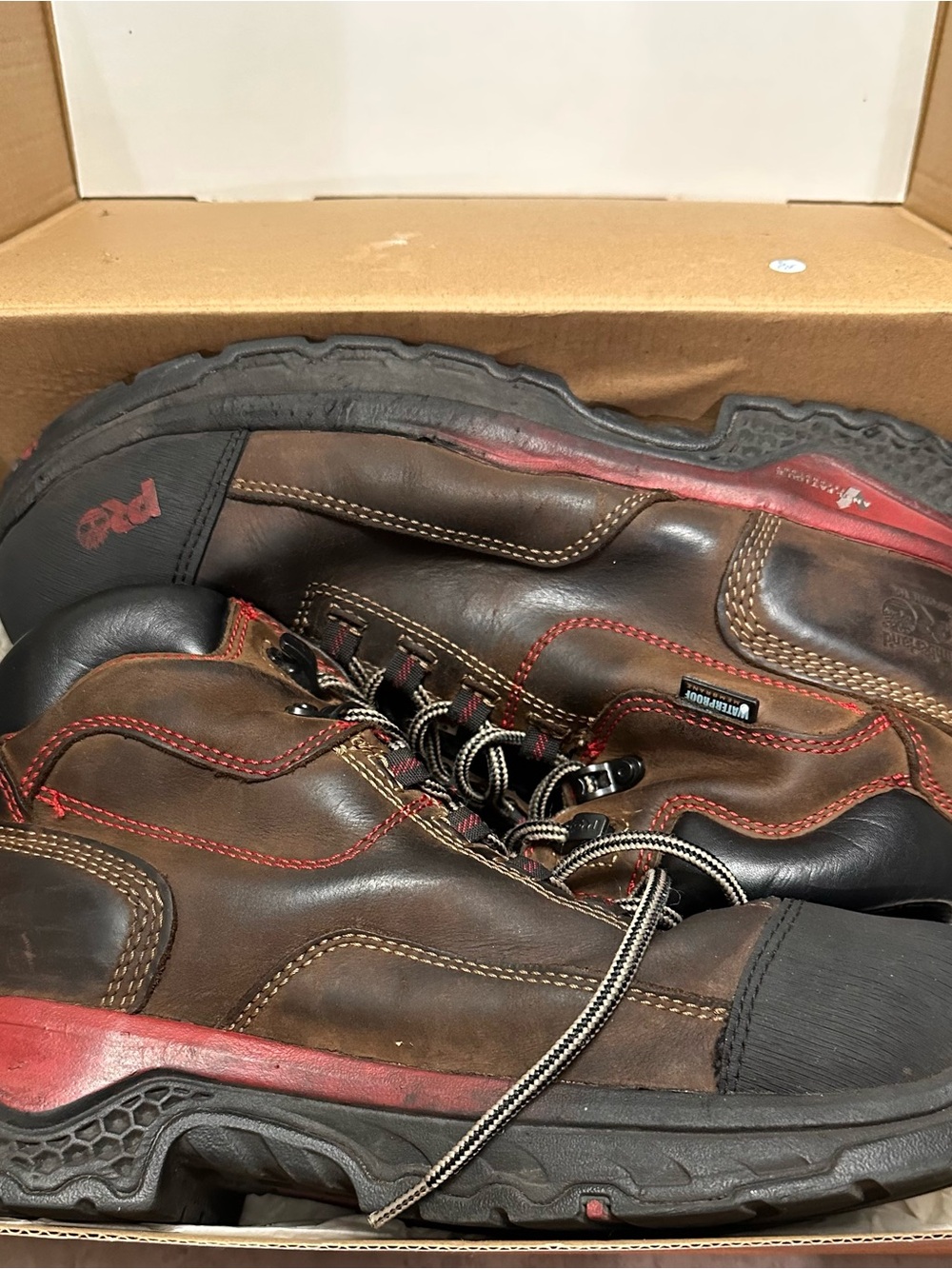 Timberland PRO Men's Brown Leather Work Boots with Black Toe and Red Accents - Picture 6 of 6